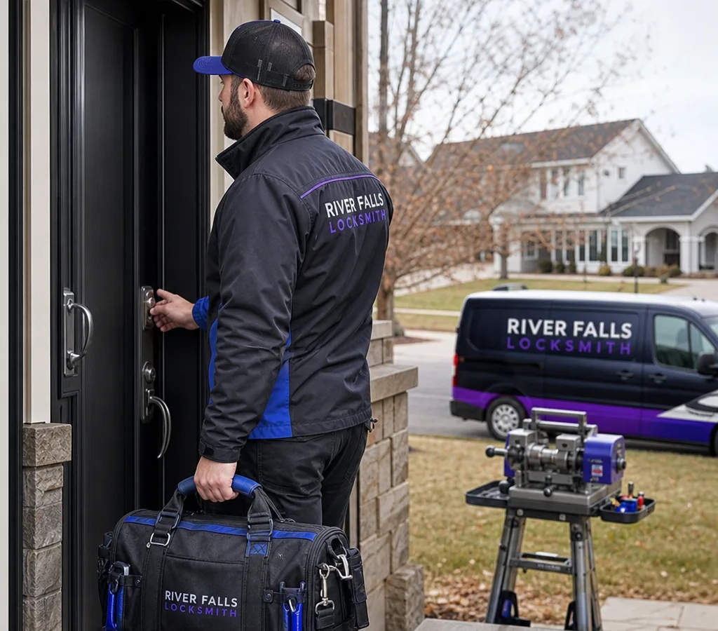 Locksmith arriving at a River Falls home entry door with tools ready for lock service