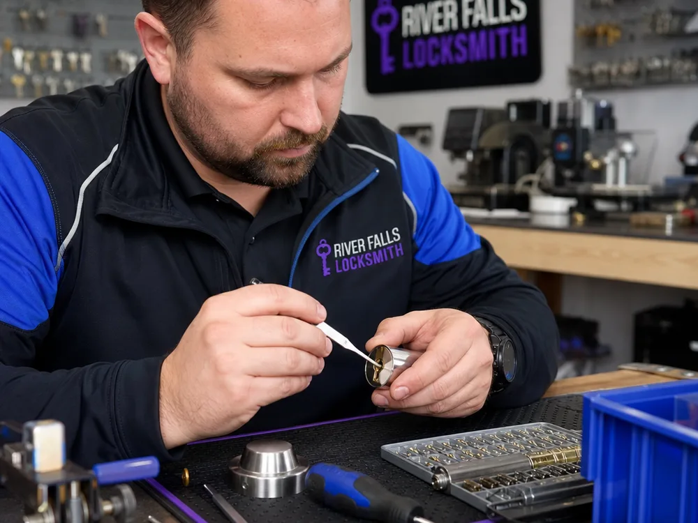 Locksmith rekeying a residential deadbolt cylinder with pins and tools visible
