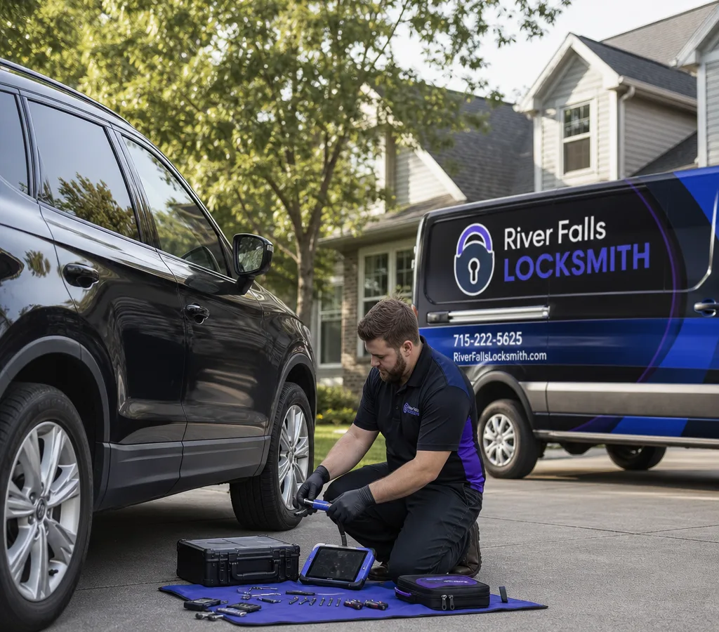 Locksmith arriving at a vehicle in a River Falls driveway with automotive entry tools and a key programmer