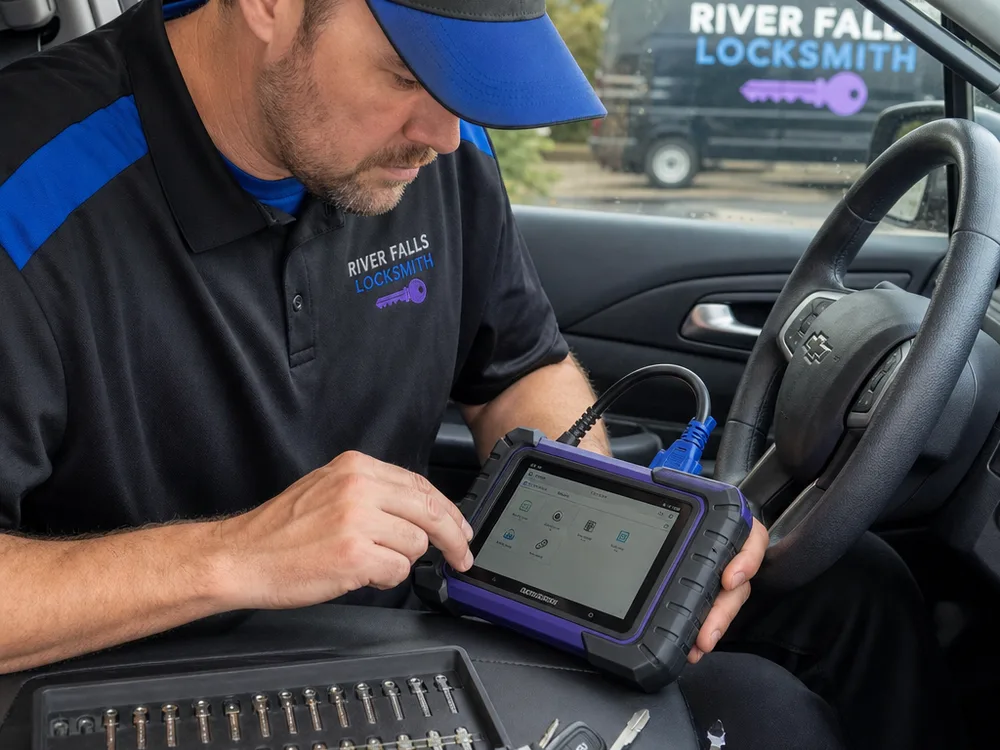 Locksmith using an automotive key programmer inside a vehicle with key blanks and a cutting gauge nearby