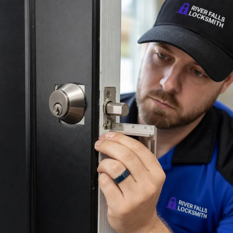 Close-up of a residential deadbolt and strike plate while a locksmith measures and inspects bolt alignment