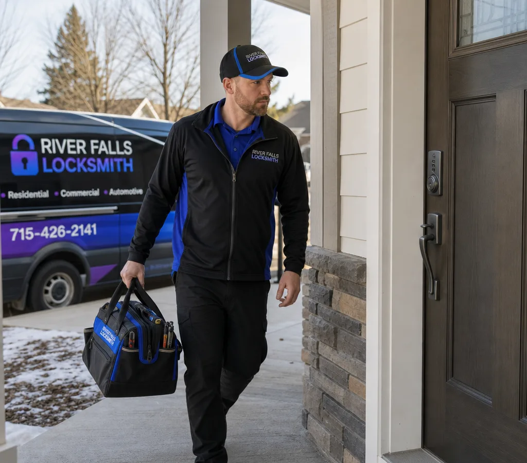 Residential locksmith arriving at a River Falls home with a tool bag beside a front door with modern deadbolt hardware