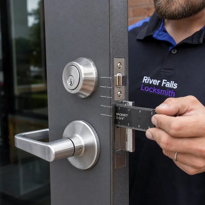 Commercial lever set and deadbolt on a metal door with visible strike and latch alignment measurements