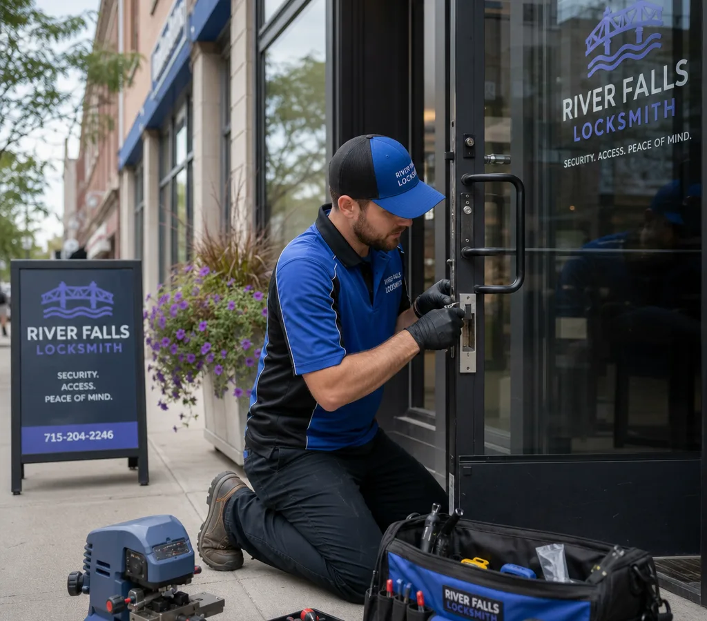 Commercial technician rekeying a mortise cylinder on a storefront aluminum door and checking latch alignment