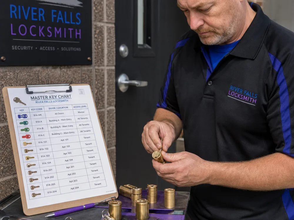 Master key chart beside keyed cylinders showing different access levels for a multi-tenant building