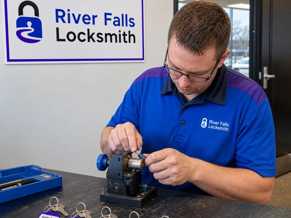 Technician pinning and rekeying a commercial cylinder beside labeled key tags for an office suite