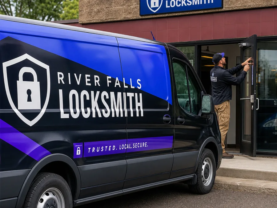Service van outside a small commercial building while a technician adjusts the main entry door closer