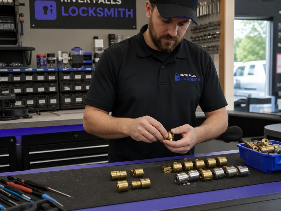 River Falls Locksmith technician organizing lock cylinders and professional tools